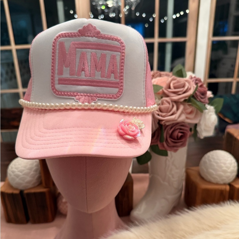 NWT Custom Made Pink and White Mama Otto Trucker Hat with Chain & Pins